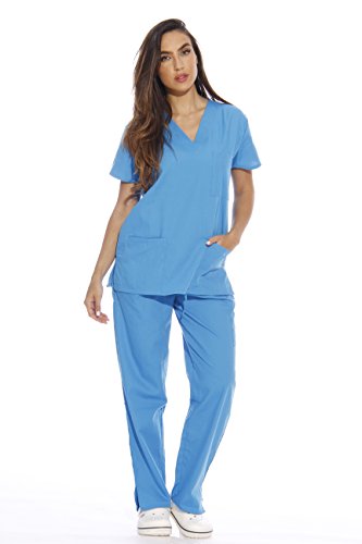 Women's Medical Scrubs Set, 6-Pocket V-Neck Top, Malibu Blue