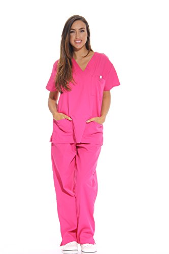 Women's Medical Scrubs Set, 6-Pocket V-Neck Top, Fuchsia