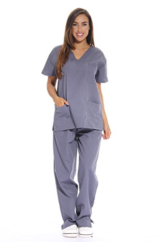 Women's Medical Scrubs Set, 6-Pocket V-Neck Top & Cargo, Grey