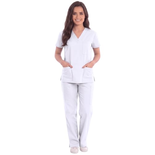 Women's Medical Scrubs Set, 6-Pocket V-Neck Top & Cargo, White