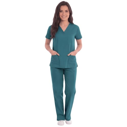Women's Medical Scrubs Set, 6-Pocket V-Neck Top, Dark Green
