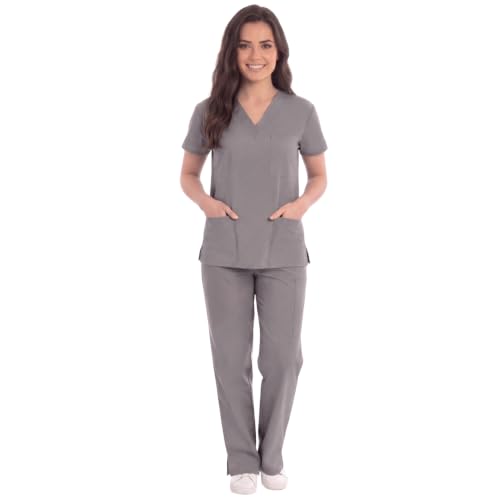 Women's Medical Scrubs Set, 6-Pocket V-Neck Top, Light Grey