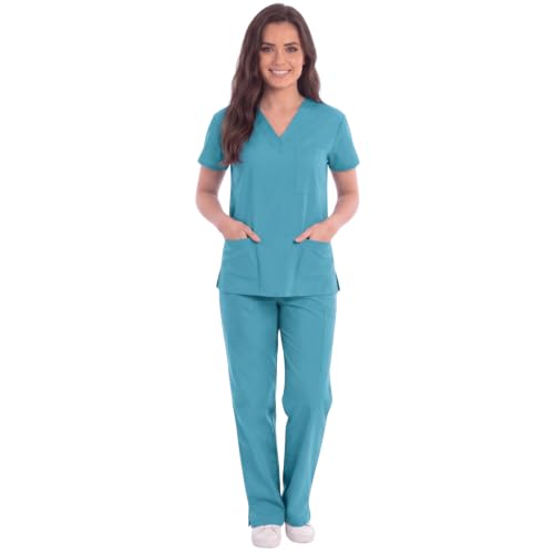 Women's Medical Scrubs Set, 6-Pocket V-Neck Top & Cargo, Teal