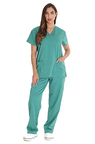 Women's Medical Scrubs Set, 6-Pocket V-Neck Top, Surgical Green