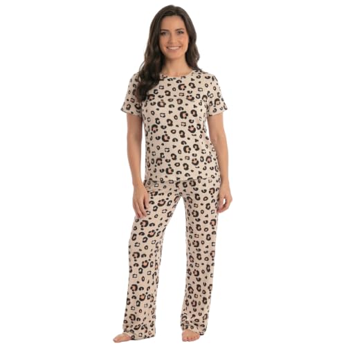 Women's Pajama Set, Soft Stretch Short Sleeve Crew, Big Cheetah
