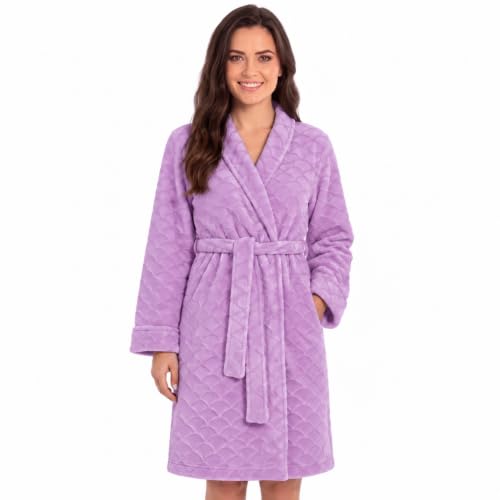 Women's Plush Fleece Bathrobe, Shawl Collar Jacquard, Lilac