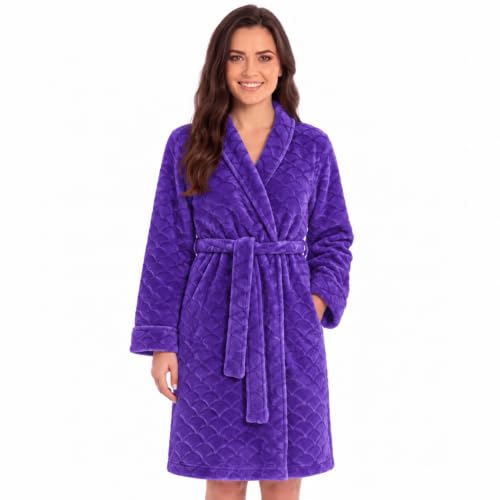 Women's Plush Fleece Bathrobe, Shawl Collar Jacquard, Purple