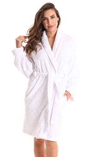 Women's Plush Fleece Bathrobe, Shawl Collar Jacquard, White