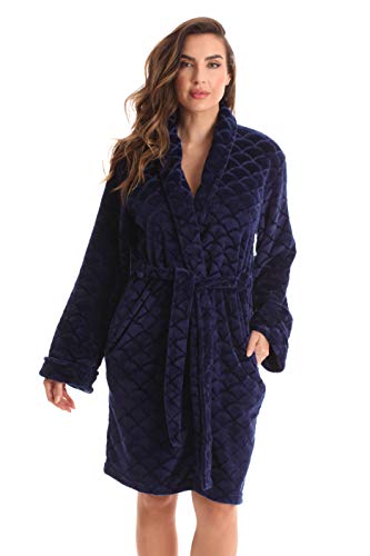 Women's Plush Fleece Bathrobe, Shawl Collar Jacquard Robe, Navy