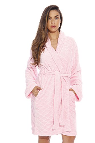 Women's Plush Fleece Bathrobe, Shawl Collar, Light Pink