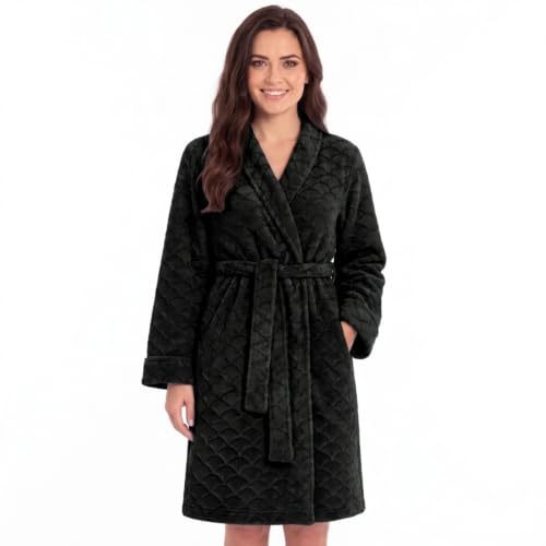 Women's Plush Fleece Bathrobe, Shawl Collar Jacquard, Black