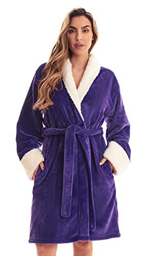 Women's Plush Fleece Bathrobe, Shawl Collar, Purple Sherpa