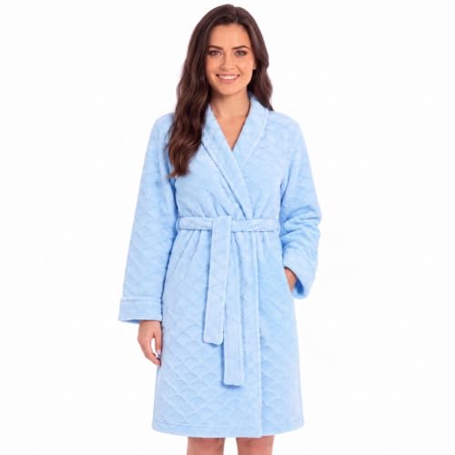 Women's Plush Fleece Bathrobe, Shawl Collar, Light Blue