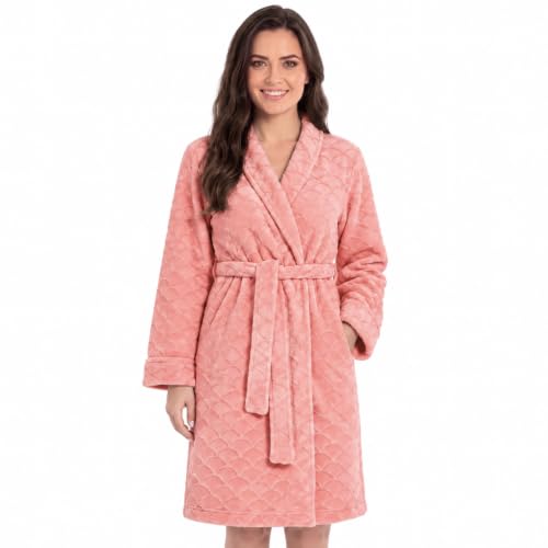 Women's Plush Fleece Bathrobe, Shawl Collar Jacquard, Coral