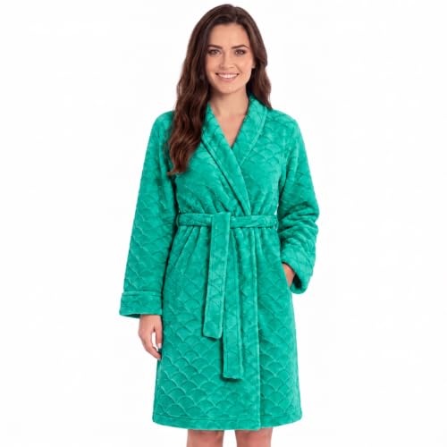 Women's Plush Fleece Bathrobe, Shawl Collar Jacquard, Emerald