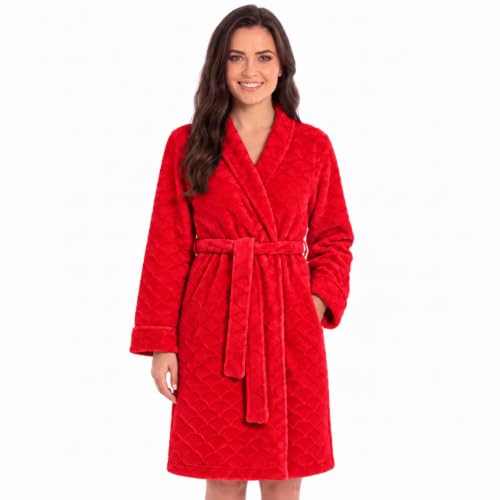 Women's Plush Fleece Bathrobe, Shawl Collar Jacquard Robe, Red