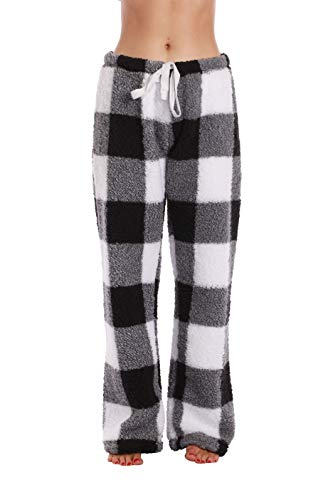 Women's Plush Pajama Pants, Big Buffalo Plaid - White
