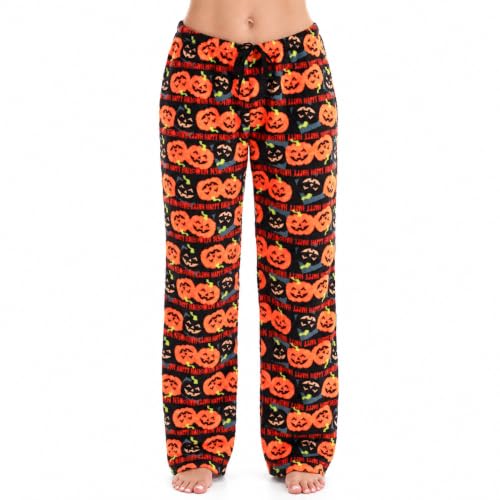 Women's Plush Pajama Pants, Black - Halloween Pumpkin