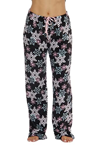 Women's Plush Pajama Pants, Black - Snowflake