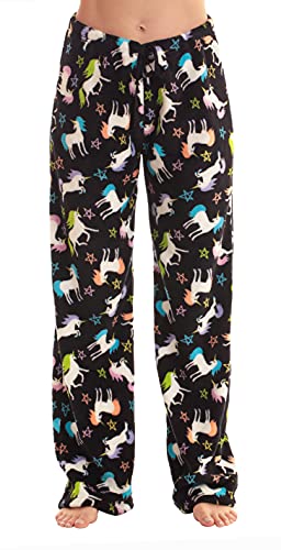 Women's Plush Pajama Pants, Black - Unicorn Stars