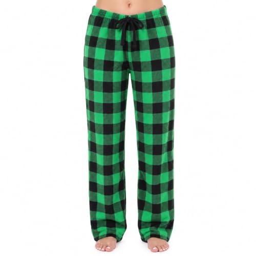 Women's Plush Pajama Pants, Buffalo Plaid Green Black