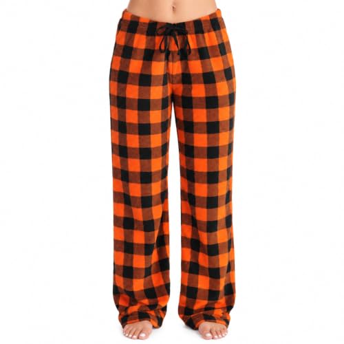 Women's Plush Pajama Pants, Buffalo Plaid Orange Black