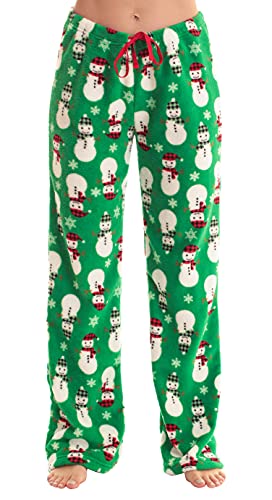 Women's Plush Pajama Pants, Green - Buffalo Plaid Snowman