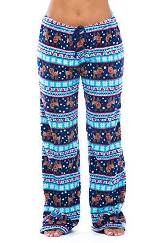 Women's Plush Pajama Pants, Navy / Aqua - Reindeer Fairisle