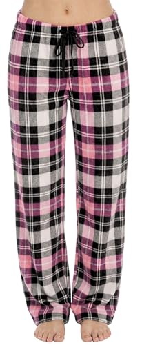 Women's Plush Pajama Pants, Plaid - Black White Pink