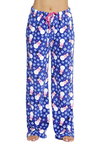 Women's Plush Pajama Pants, Royal - Snowman