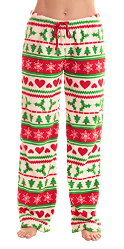 Women's Plush Pajama Pants, White - Mistletoe Fairisle