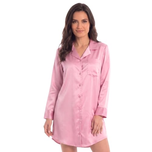 Women's Satin Nightgown Boyfriend Button Down Shirt, Pink Solid