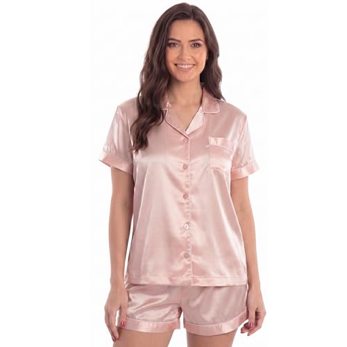 Women's Satin Pajama Set, Short Sleeve Button Down, Satin Pink