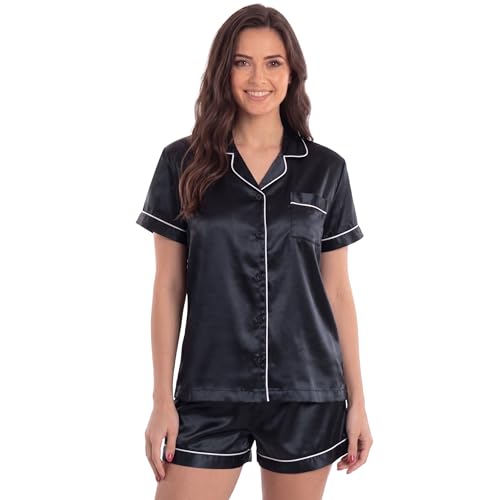 Women's Satin Pajama Set, Short Sleeve Button Down, Satin Navy