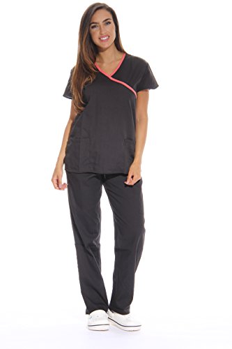 Women's Scrub Sets, Black With Coral Trim