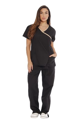Women's Scrub Sets, Black With Sand Trim