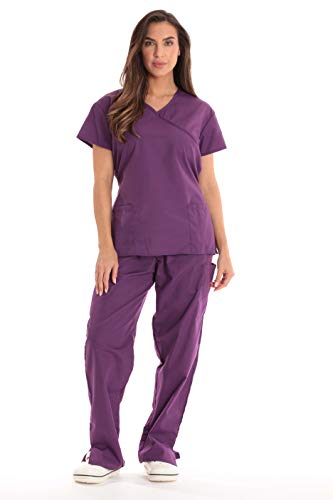 Women's Scrub Sets Medical Nursing, Eggplant With Eggplant Trim