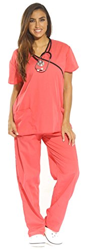Women's Scrub Sets Medical Scrubs, Coral With Black Trim