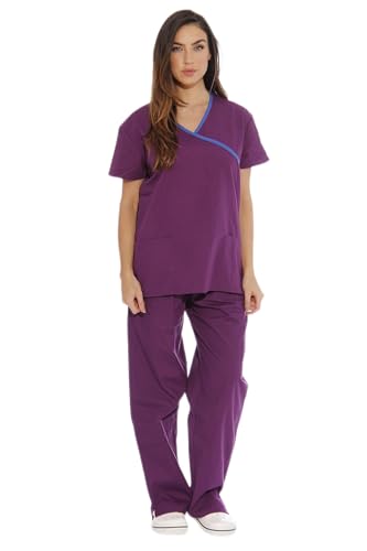Women's Scrub Sets Medical Scrubs, Eggplant With Royal Blue Trim