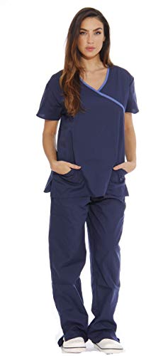 Women's Scrub Sets Medical Scrubs, Navy With Malibu Blue Trim