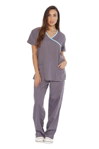 Women's Scrub Sets Medical Scrubs, Steel Grey With Aqua Trim