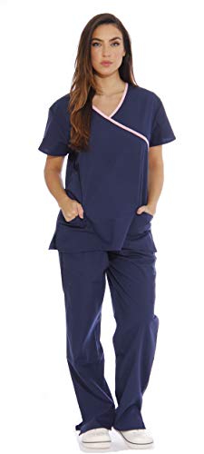 Women's Scrub Sets, Navy With Light Pink Trim