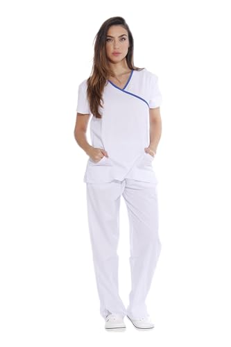 Women's Scrub Sets, White With Royal Blue Trim
