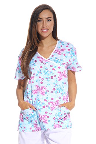 Women's Scrub Tops, Blue Butterfly