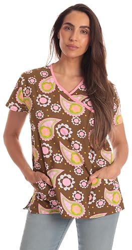 Women's Scrub Tops, Brown Paisley Wrap