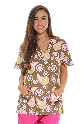 Women's Scrub Tops, Brown Paisley