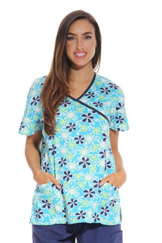 Women's Scrub Tops, Green Flower With Navy Trim
