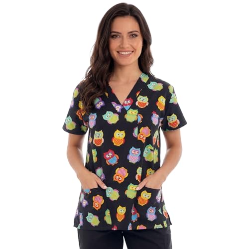Women's Scrub Tops, Multi Colored Owls