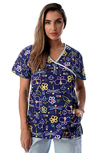 Women's Scrub Tops, Navy Butterfly With Blue Trim