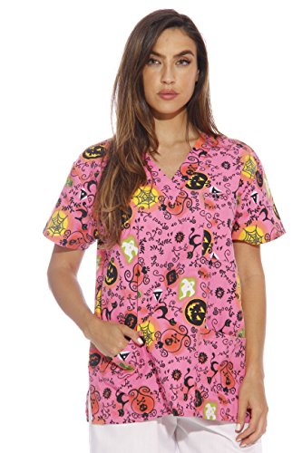 Women's Scrub Tops, Neon Halloween With Glitter